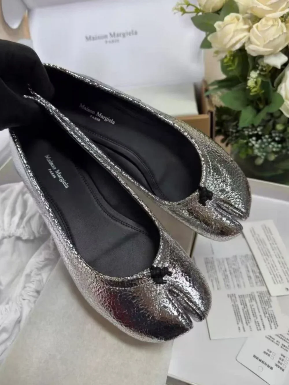 Maison Martin Margiela Silver Cracked Leather Tabi Split Toe Flats